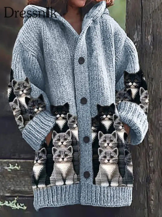 Frauen niedliche Katze gestrickter Hoodie blau / S