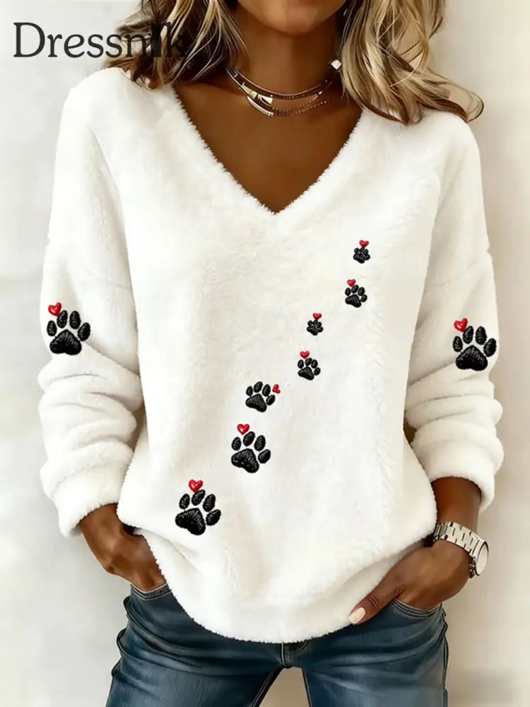 Frauen niedliche Katze Herz und Pfoten Flanell V-Ausschnitt Top Weiß / S