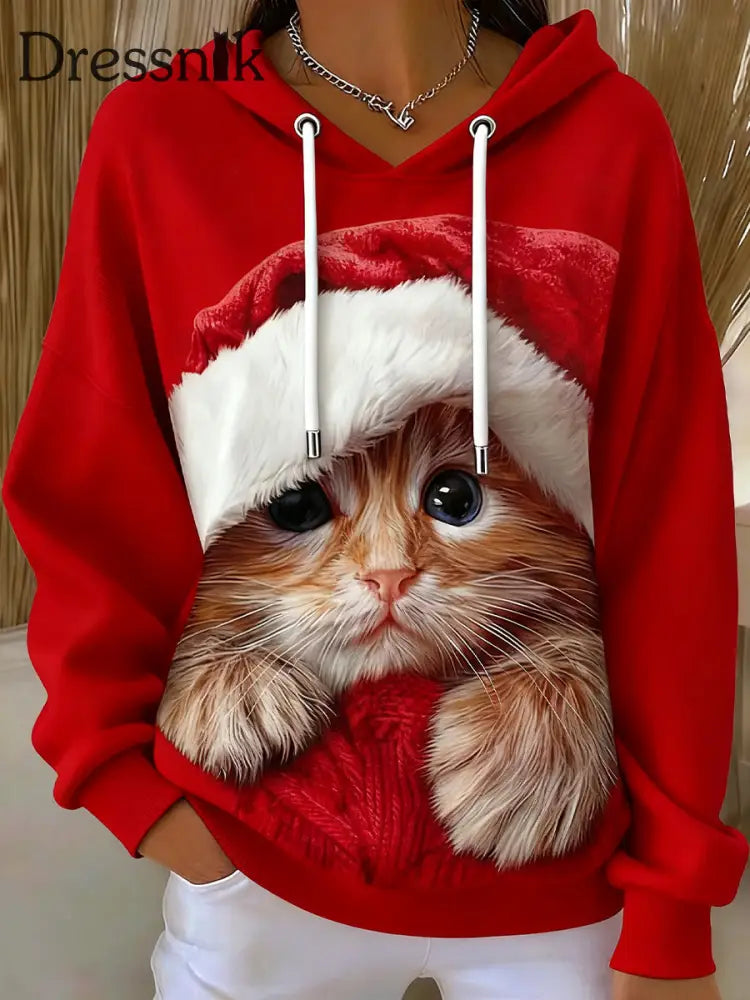Frauen niedliche Weihnachts katze Kunst Kordel zug Hoodie Rot / S
