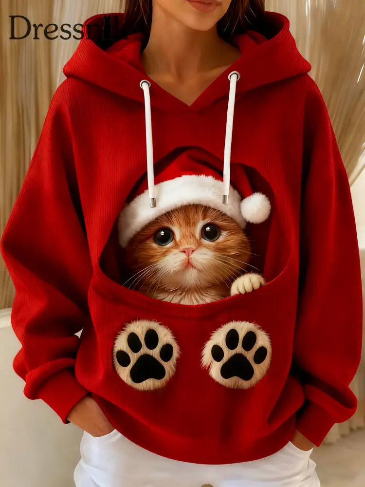 Frauen niedliche Weihnachts katze Kunst Kordel zug Hoodie tiefrot / S
