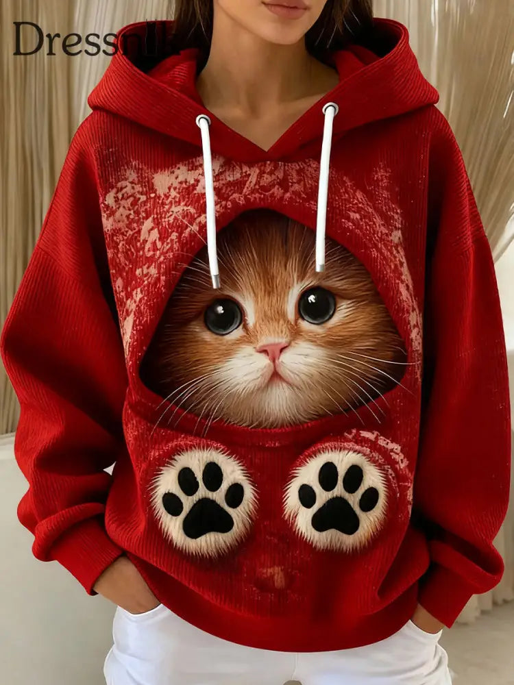 Frauen niedliche Weihnachts katze Kunst Kordel zug Hoodie tiefrot / S