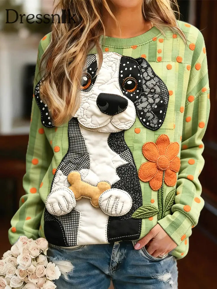 Frauen niedlicher Hund 3D Patchwork Print grün lang ärmel iges Sweatshirt Grün / S
