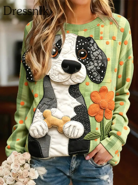 Frauen niedlicher Hund 3D Patchwork Print grün lang ärmel iges Sweatshirt Grün / S