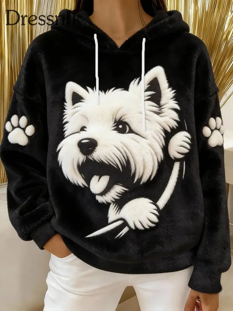 Frauen niedlicher Hund Flanell Hoodie Schwarz / S
