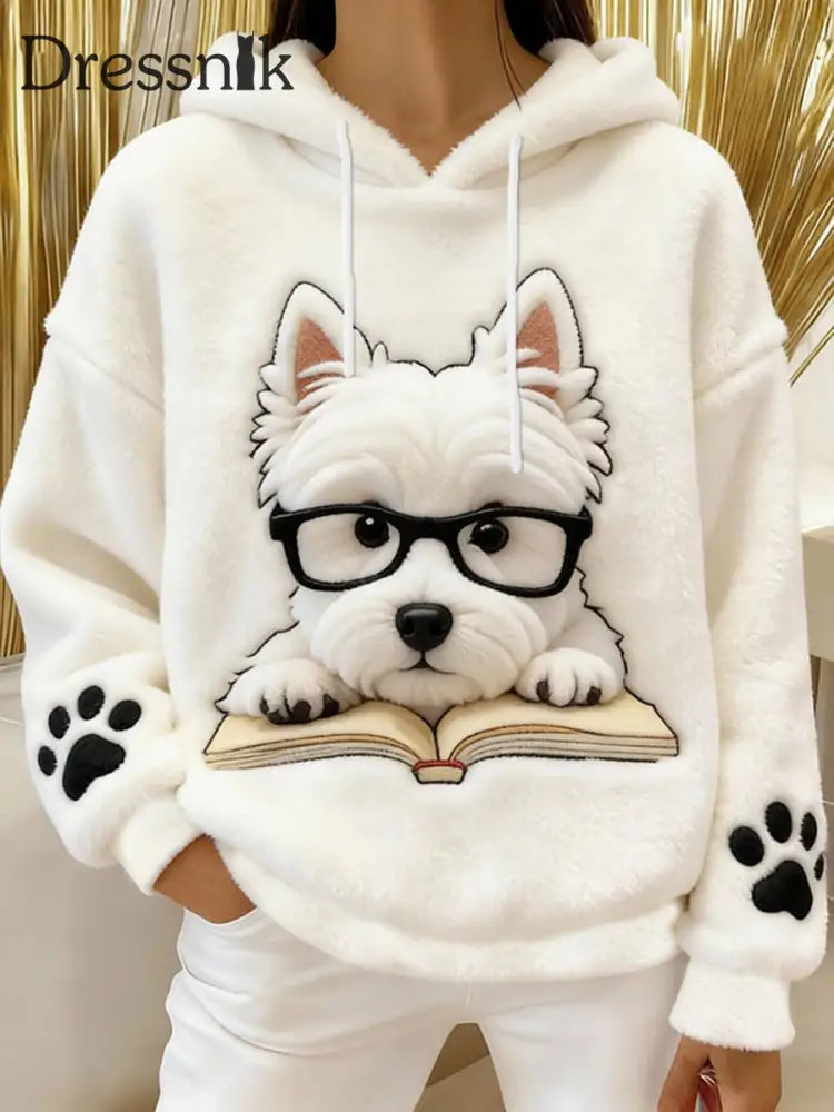 Frauen niedlicher Hund Flanell Hoodie Weiß / S