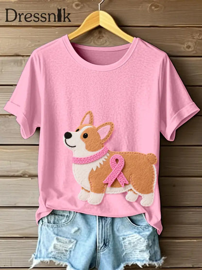 Frauen niedliches Corgi Muster Filz Kunst T Shirt Rosa / S