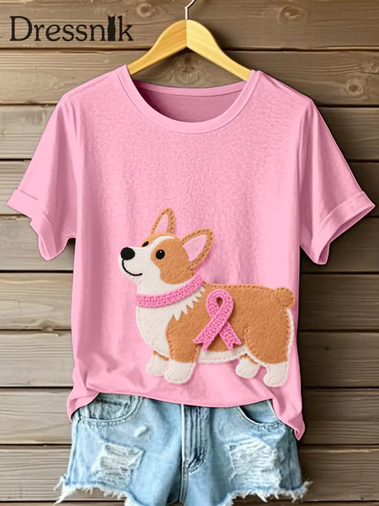 Frauen niedliches Corgi Muster Filz Kunst T Shirt Rosa / S
