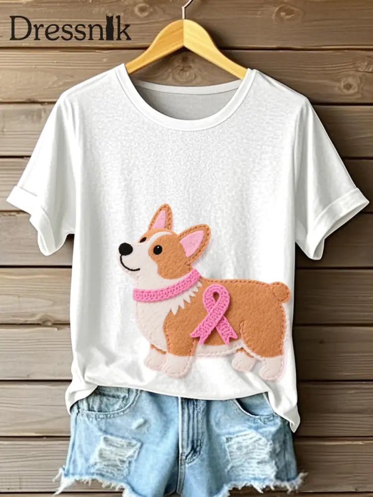 Frauen niedliches Corgi Muster Filz Kunst T Shirt Weiß / S
