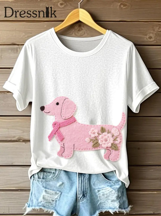 Frauen niedliches Dackel muster Filz kunst T Shirt Weiß / S