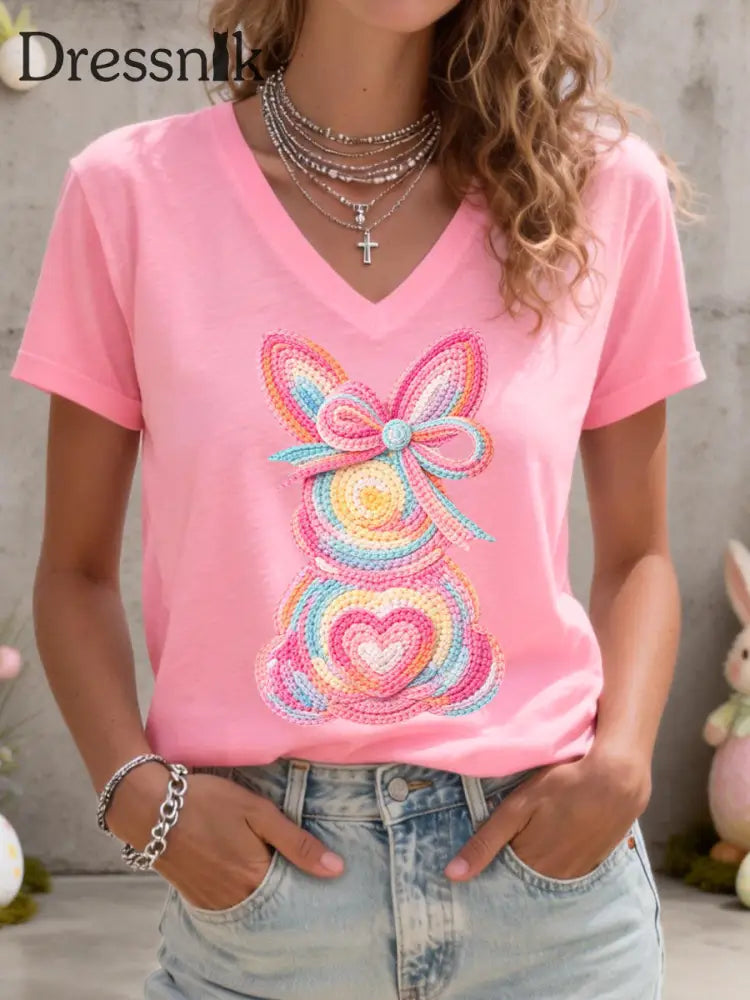 Frauen niedliches Häschen muster V-Ausschnitt T-Shirt Rosa / S