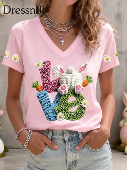 Frauen niedliches Häschen muster V-Ausschnitt T-Shirt Rosa / S