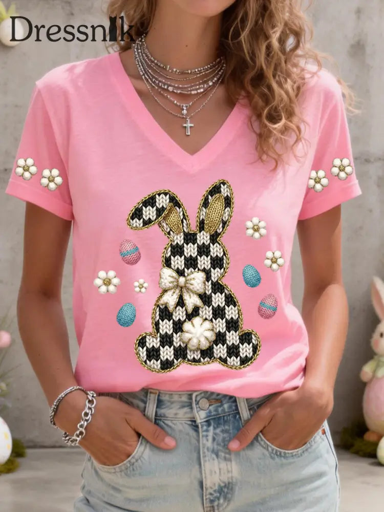 Frauen niedliches Häschen muster V-Ausschnitt T-Shirt Rosa / S