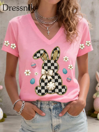 Frauen niedliches Häschen muster V-Ausschnitt T-Shirt Rosa / S