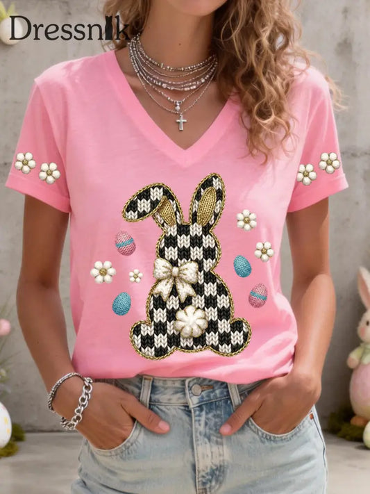 Frauen niedliches Häschen muster V-Ausschnitt T-Shirt Rosa / S