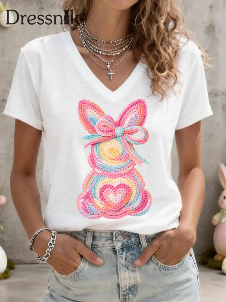 Frauen niedliches Häschen muster V-Ausschnitt T-Shirt Weiß / S