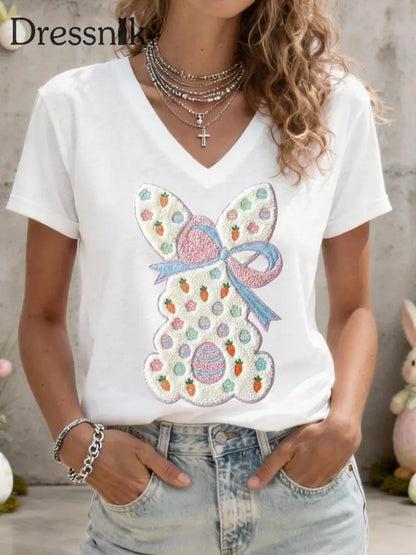 Frauen niedliches Häschen muster V-Ausschnitt T-Shirt Weiß / S
