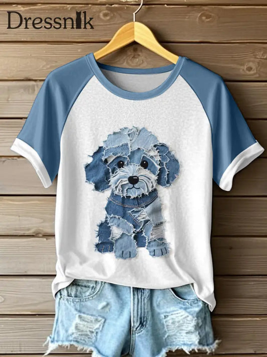 Frauen niedliches Hunde muster Patchwork Kunst T-Shirt blau / S