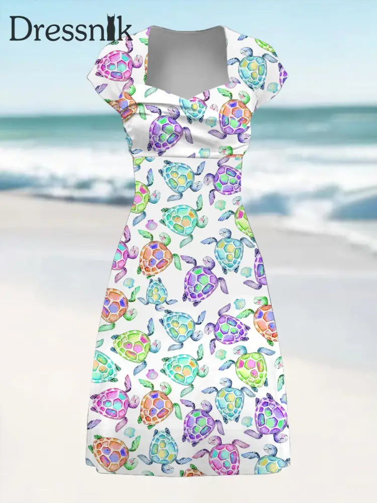 Frauen niedliches Meeres schildkröten druck Strand urlaubs kleid Weiß / S