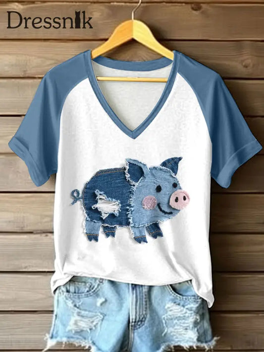 Frauen niedliches Schwein Patchwork Kunst V-Ausschnitt T-Shirt als bild / S