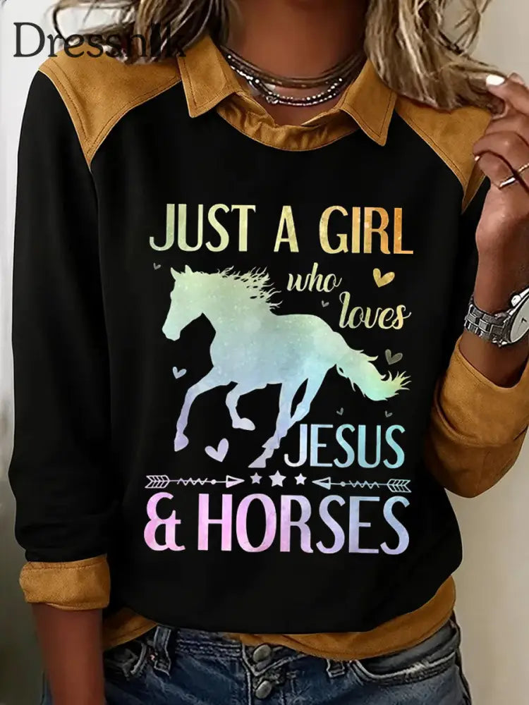 Frauen nur ein Mädchen das Jesus und Pferde liebt drucken Casual Sweatshirt schwarz / S