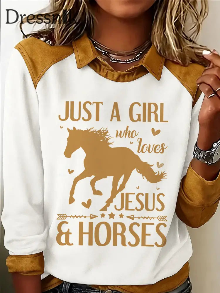 Frauen nur ein Mädchen das Jesus und Pferde liebt drucken Casual Sweatshirt weiß / S