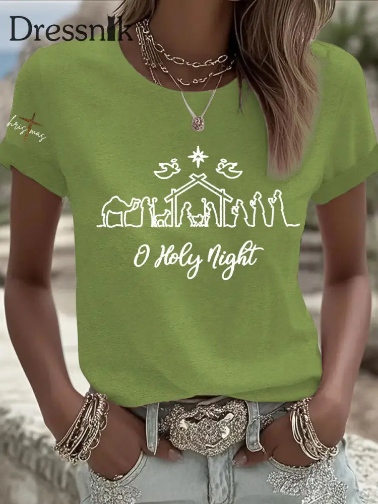 Frauen ’O Holy Night’ Print Kurzarm T-Shirt Grün / S