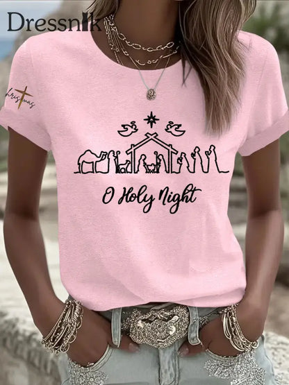 Frauen ’O Holy Night’ Print Kurzarm T-Shirt Hellrosa / S