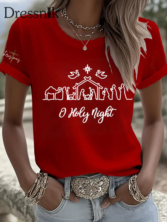 Frauen ’O Holy Night’ Print Kurzarm T-Shirt Rot / S