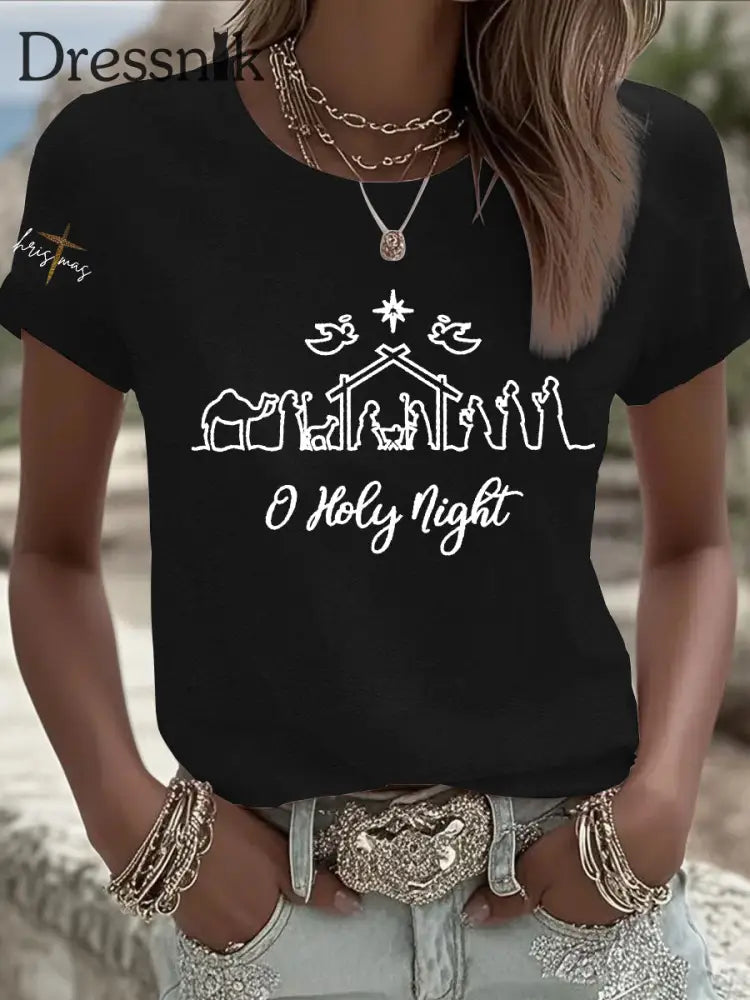 Frauen ’O Holy Night’ Print Kurzarm T-Shirt Schwarz / S
