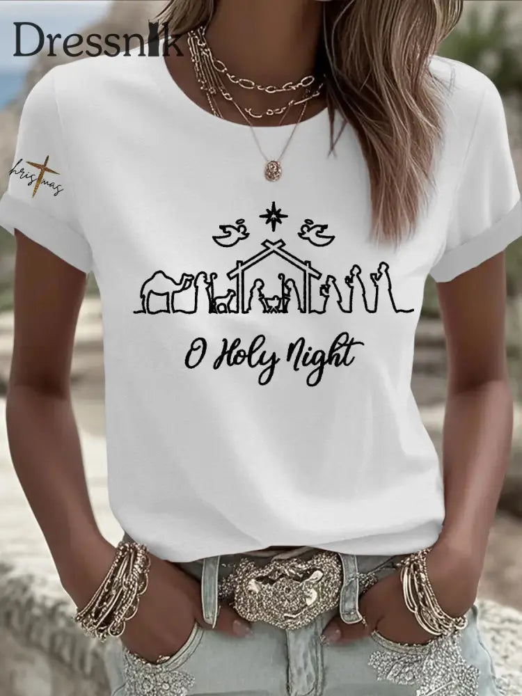 Frauen ’O Holy Night’ Print Kurzarm T-Shirt Weiß / S