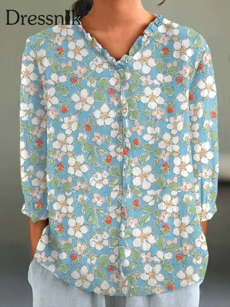 Frauen pastorale Blumen Kunstdruck lässig Baumwolle und Leinen 3/4 Ärmel Hemd Grün / S