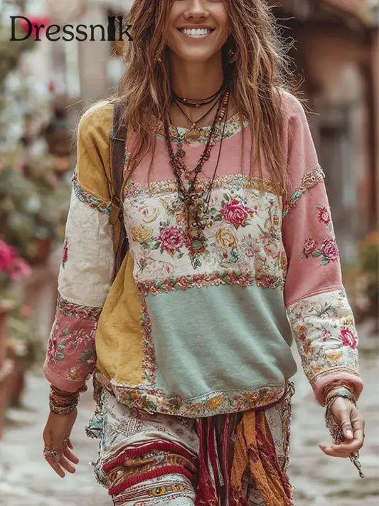 Frauen Patchwork Blumen druck Regelmäßige Sweatshirt als bild / S
