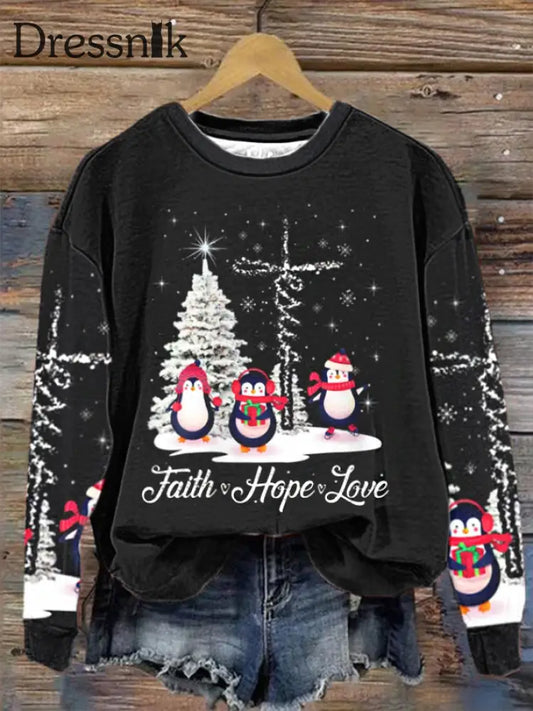 Frauen Ph Frohe Weihnachten Pinguin Glauben Hoffnung Liebe Xmas Tree Regular Sweatshirt Schwarz / S