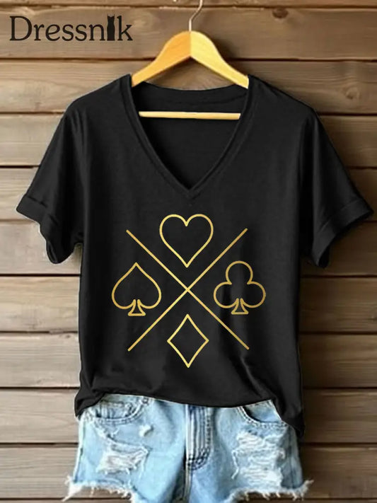 Frauen Poker Karten Kunstdruck V-Ausschnitt T-Shirt Schwarz / S
