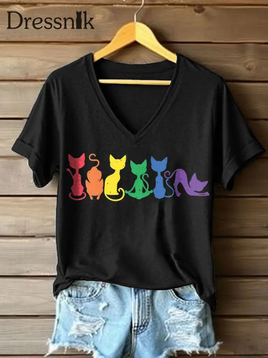 Frauen Regenbogen farben Katzen druck V-Ausschnitt T-Shirt Schwarz / S