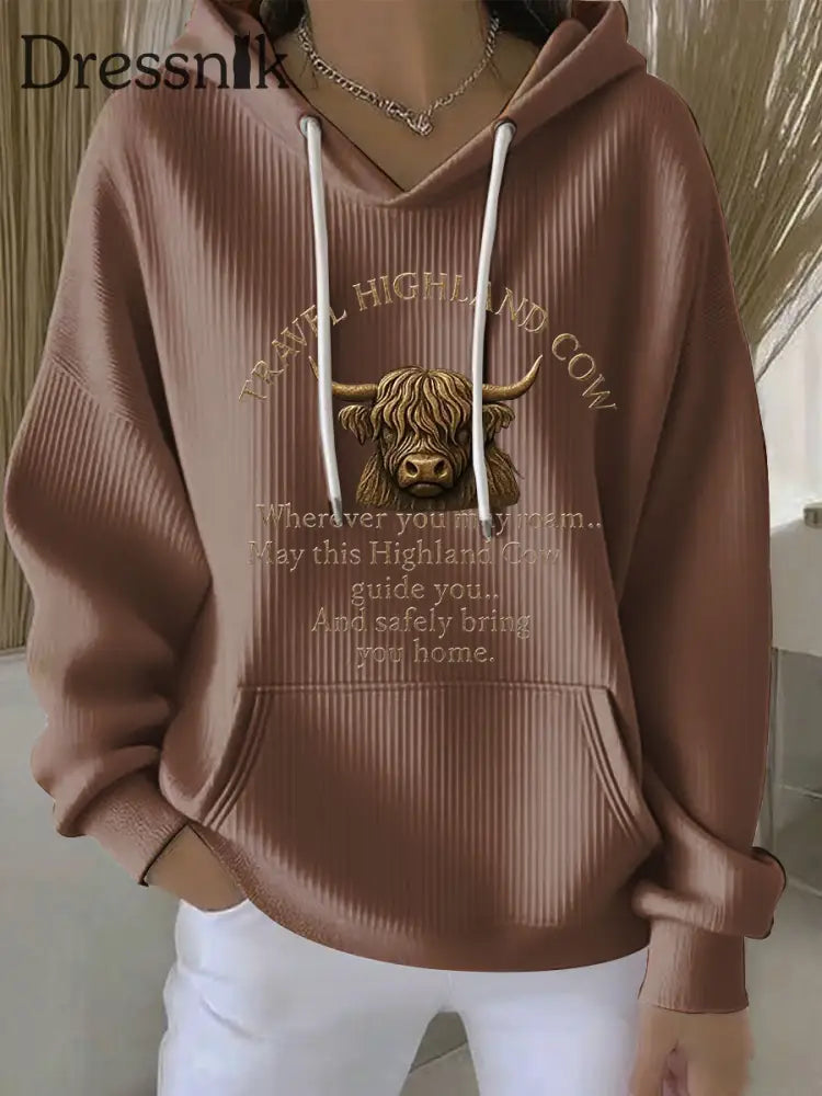 Frauen Reise Highland Kuh Print Casual Hoodie Braun / S