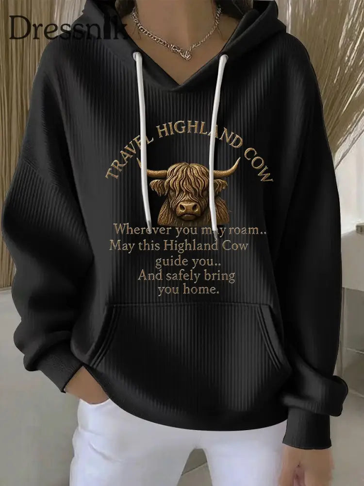 Frauen Reise Highland Kuh Print Casual Hoodie Schwarz / S