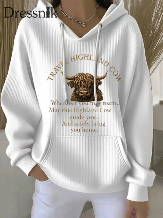 Frauen Reise Highland Kuh Print Casual Hoodie Weiß / S