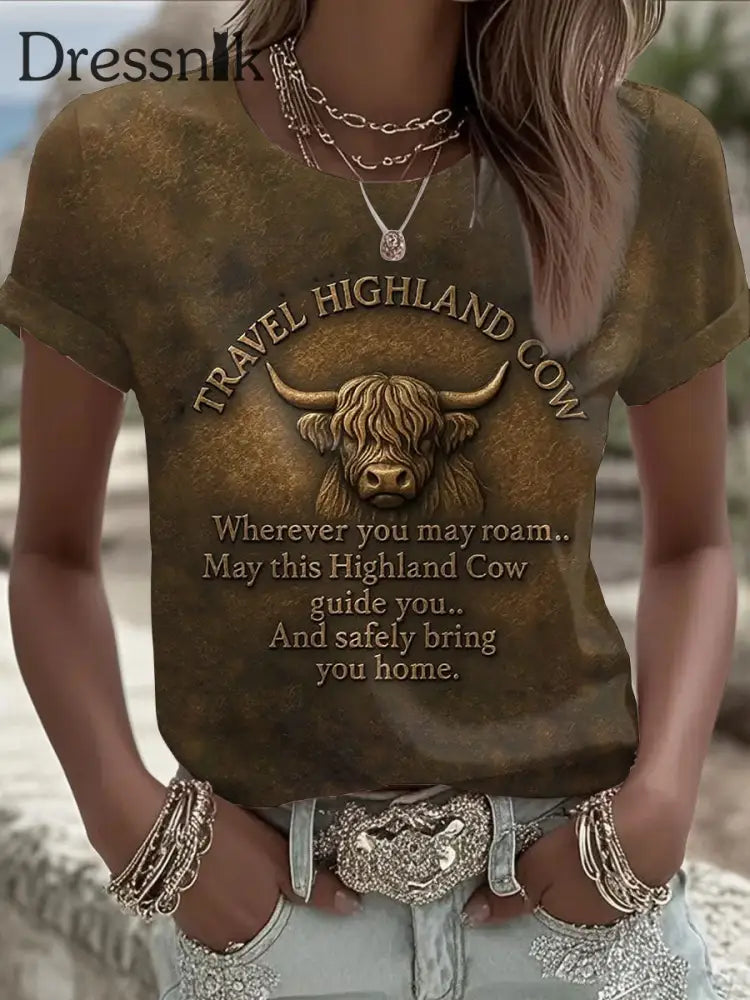 Frauen Reise Highland Kuh Print Casual T-Shirt als bild / S