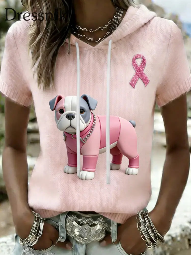 Frauen Retro Bulldogge Brustkrebs Bewusstsein lässig Kapuzen-Kurzarm-T-Shirt Rosa / S