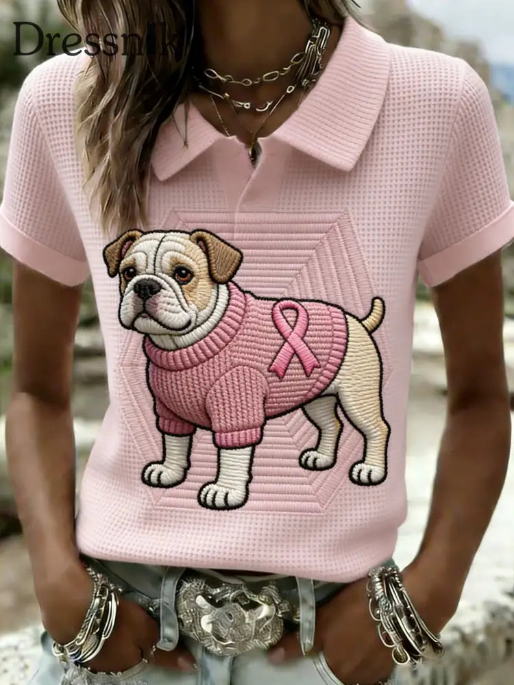 Frauen Retro Bulldogge Brustkrebs Bewusstsein Lässige Waffel T-Shirt Rosa / S