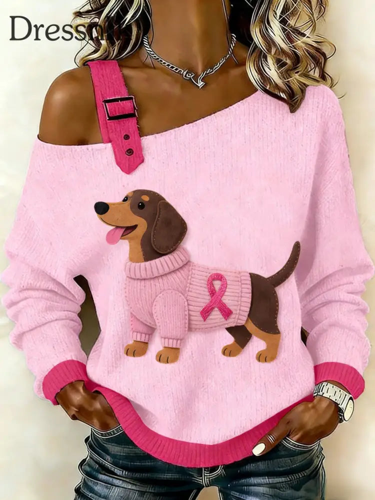 Frauen Retro Dackel Brustkrebs Bewusstsein Casual Strick Top Rosa / S