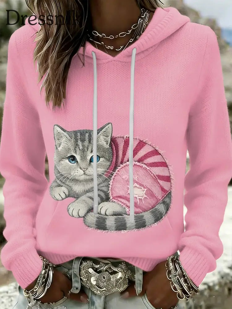 Frauen Retro Katze Brustkrebs Prävention lässig Kapuzen Sweatshirt Rosa / S