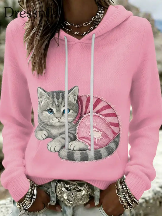 Frauen Retro Katze Brustkrebs Prävention lässig Kapuzen Sweatshirt Rosa / S