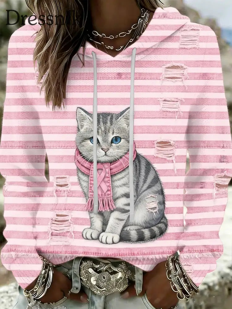 Frauen Retro Katze Brustkrebs Prävention lässig Kapuzen Sweatshirt Rosa / S