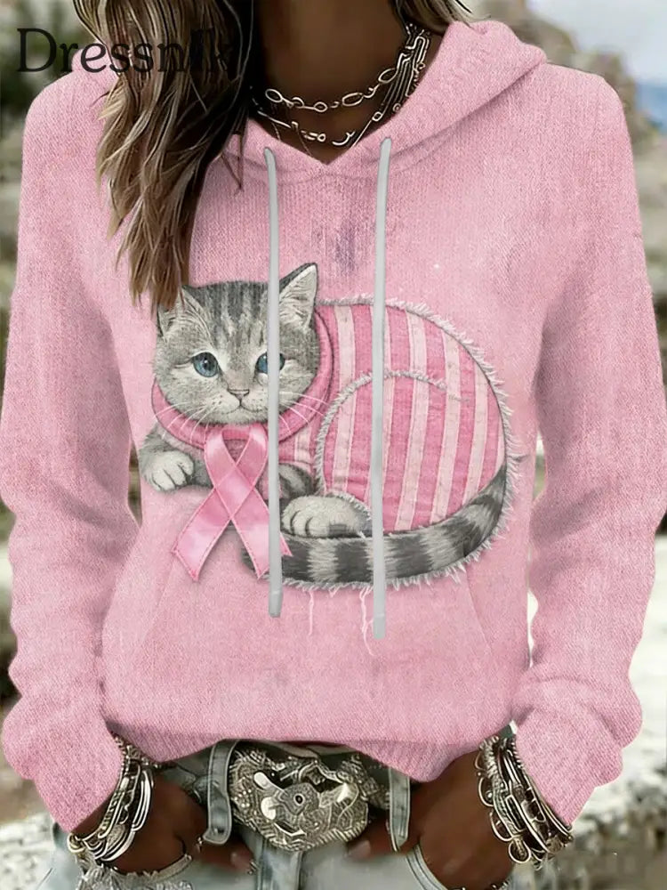 Frauen Retro Katze Brustkrebs Prävention lässig Kapuzen Sweatshirt Rosa / S