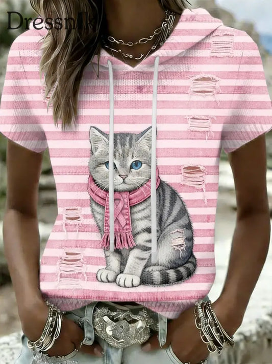 Frauen Retro niedliche Katze Brustkrebs Bewusstsein lässig Kurzarm T-Shirt Rosa / S