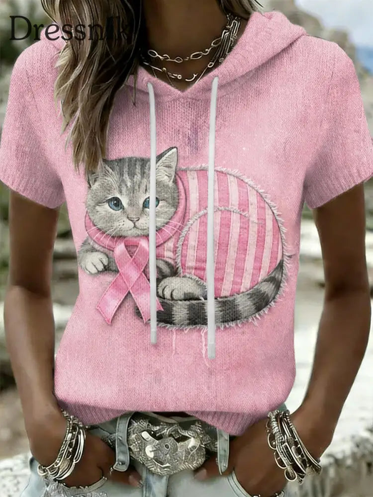 Frauen Retro niedliche Katze Brustkrebs Bewusstsein lässig Kurzarm T-Shirt Rosa / S