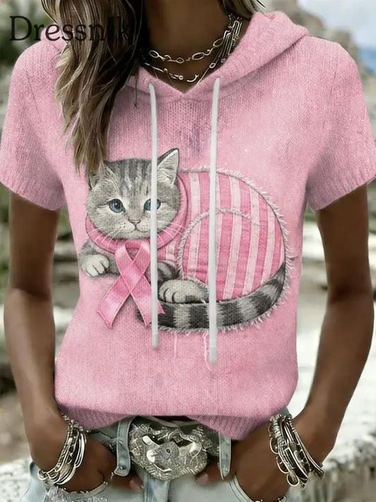 Frauen Retro niedliche Katze Brustkrebs Bewusstsein lässig Kurzarm T-Shirt Rosa / S