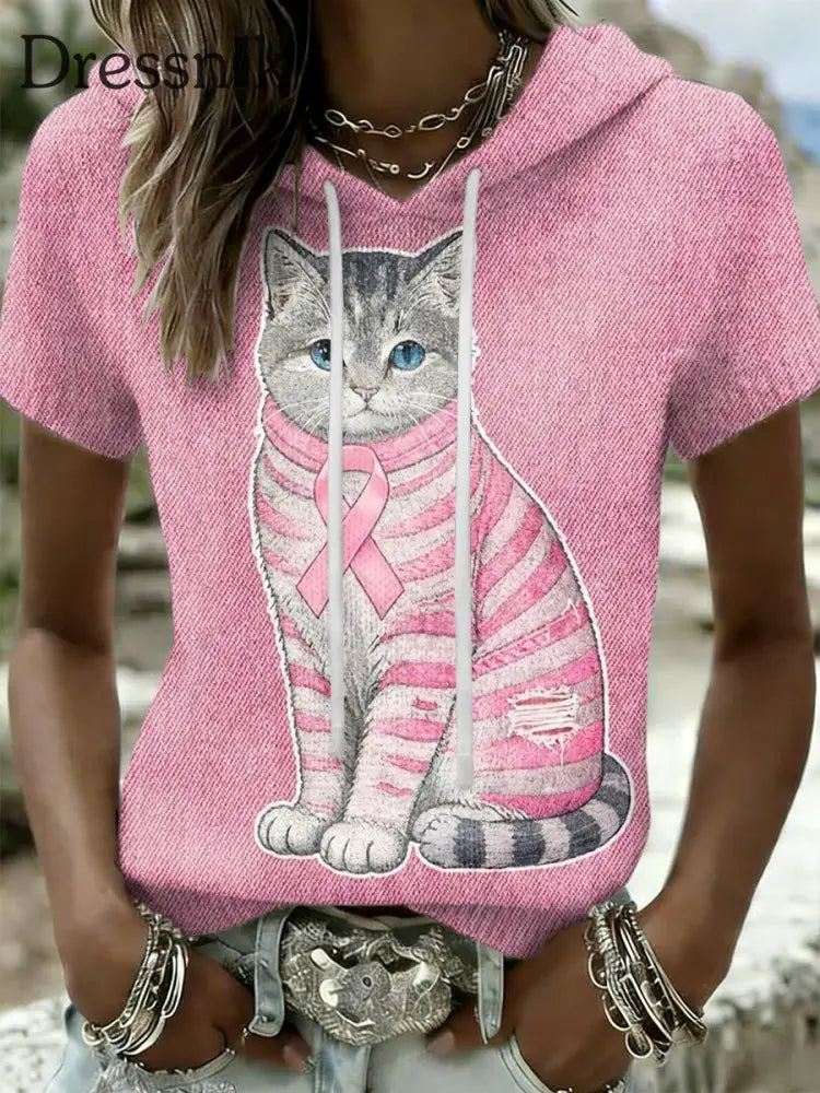 Frauen Retro niedliche Katze Brustkrebs Bewusstsein lässig Kurzarm T-Shirt Rosa / S